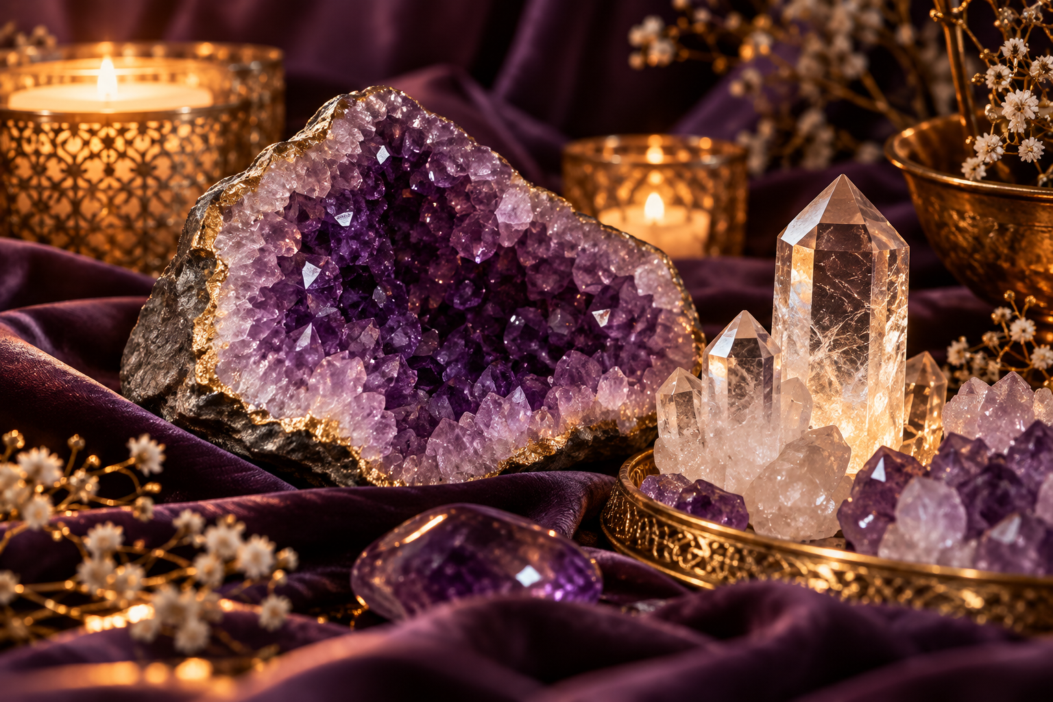 Amethyst and clear quartz in soft candlelight
