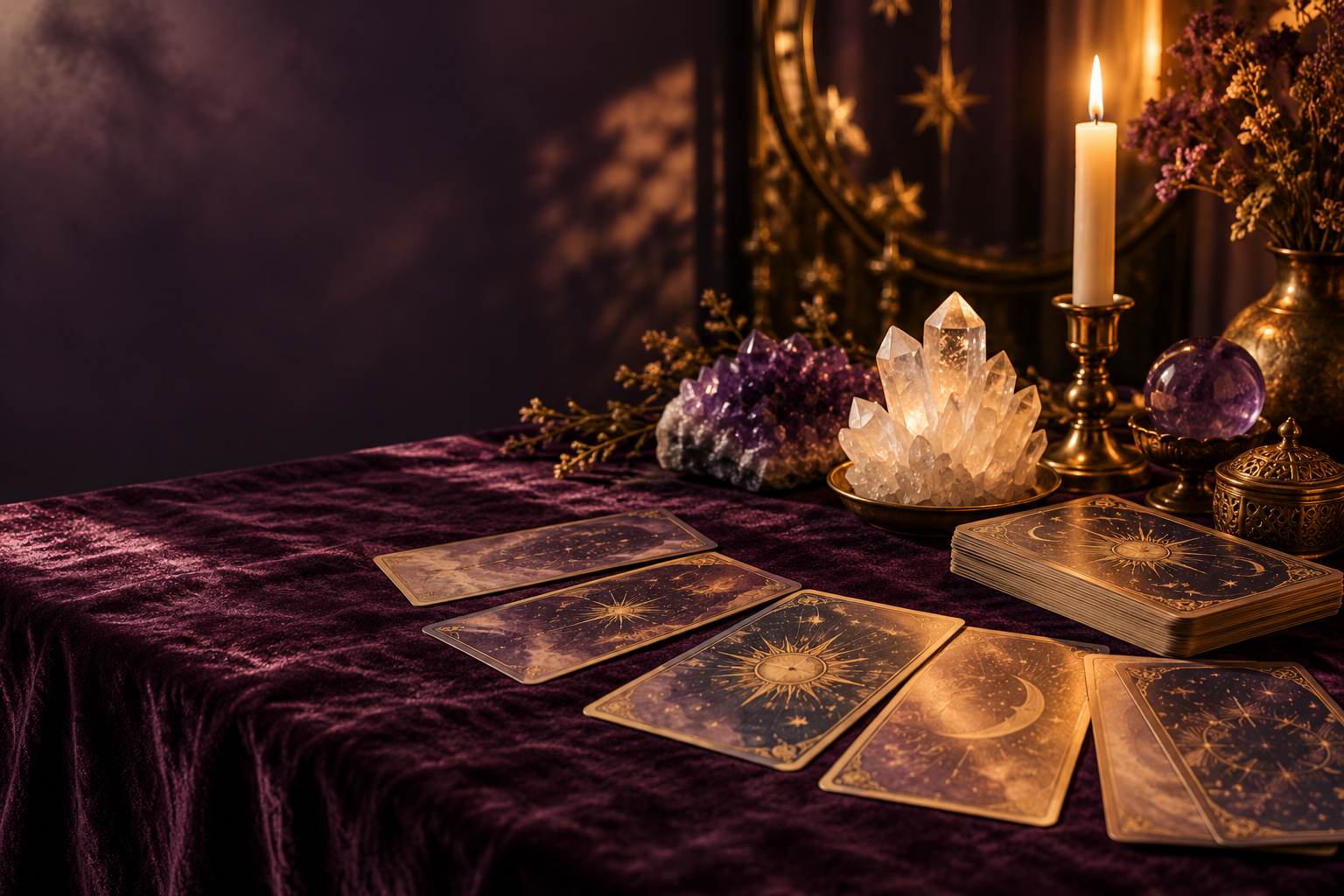 Tarot cards, crystals and candlelight
